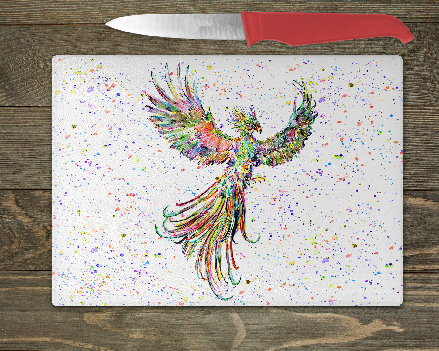 Phoenix Watercolour Splash Glass Chopping Board -5 Backgrounds To Choose From