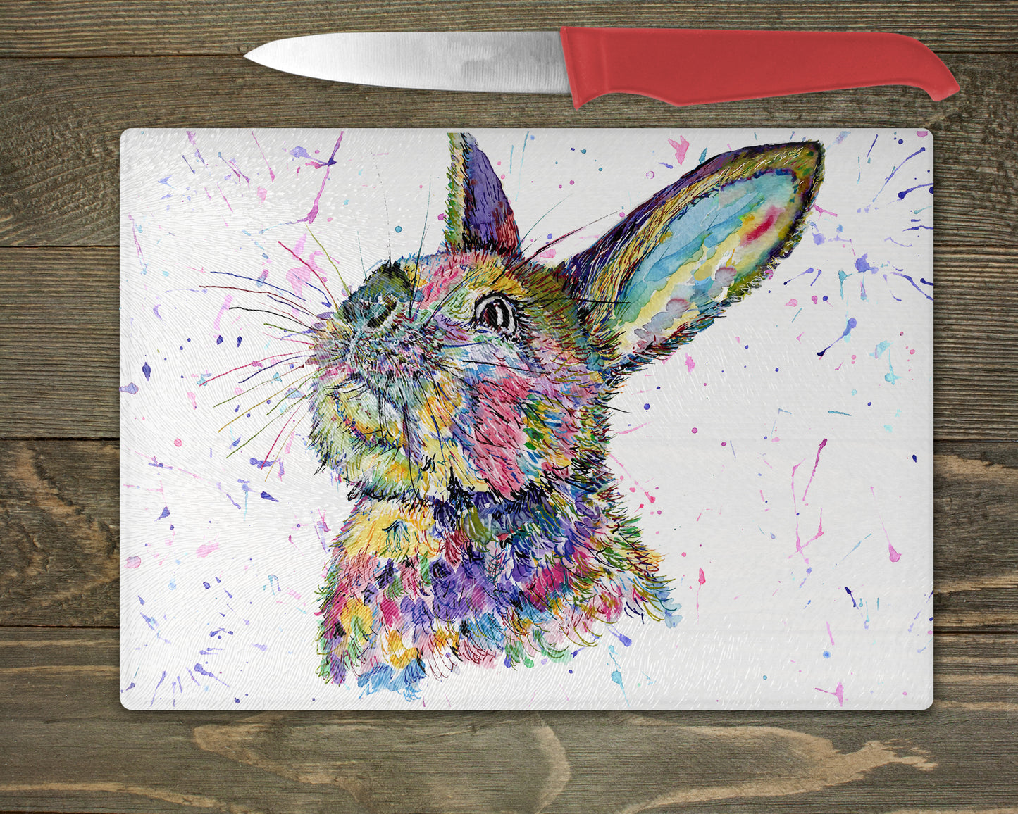 Rabbit Watercolour Splash Chopping Board - 5 Backgrounds To Choose From