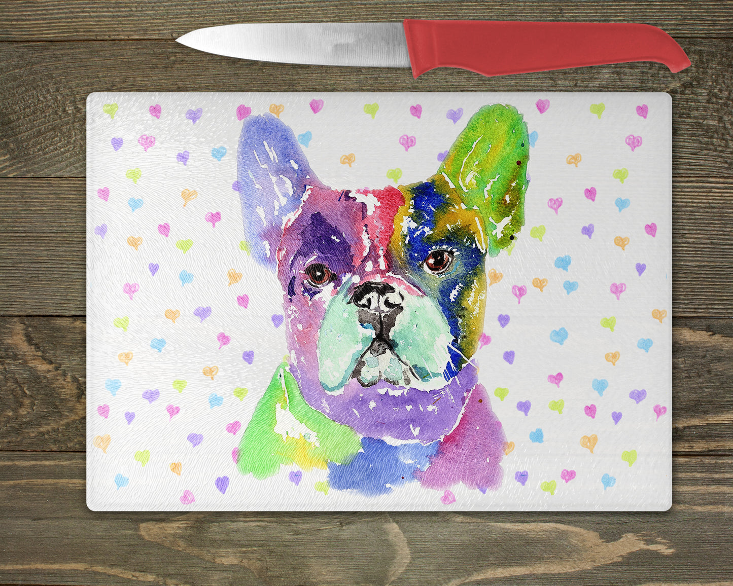 Frenchie, French Bulldog Watercolour Splash Chopping Board - 5 Backgrounds To Choose From