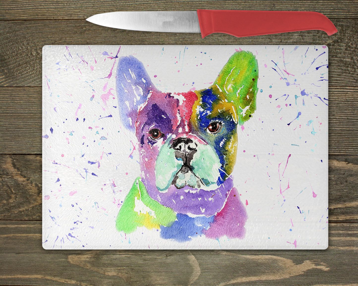 Frenchie, French Bulldog Watercolour Splash Chopping Board - 5 Backgrounds To Choose From