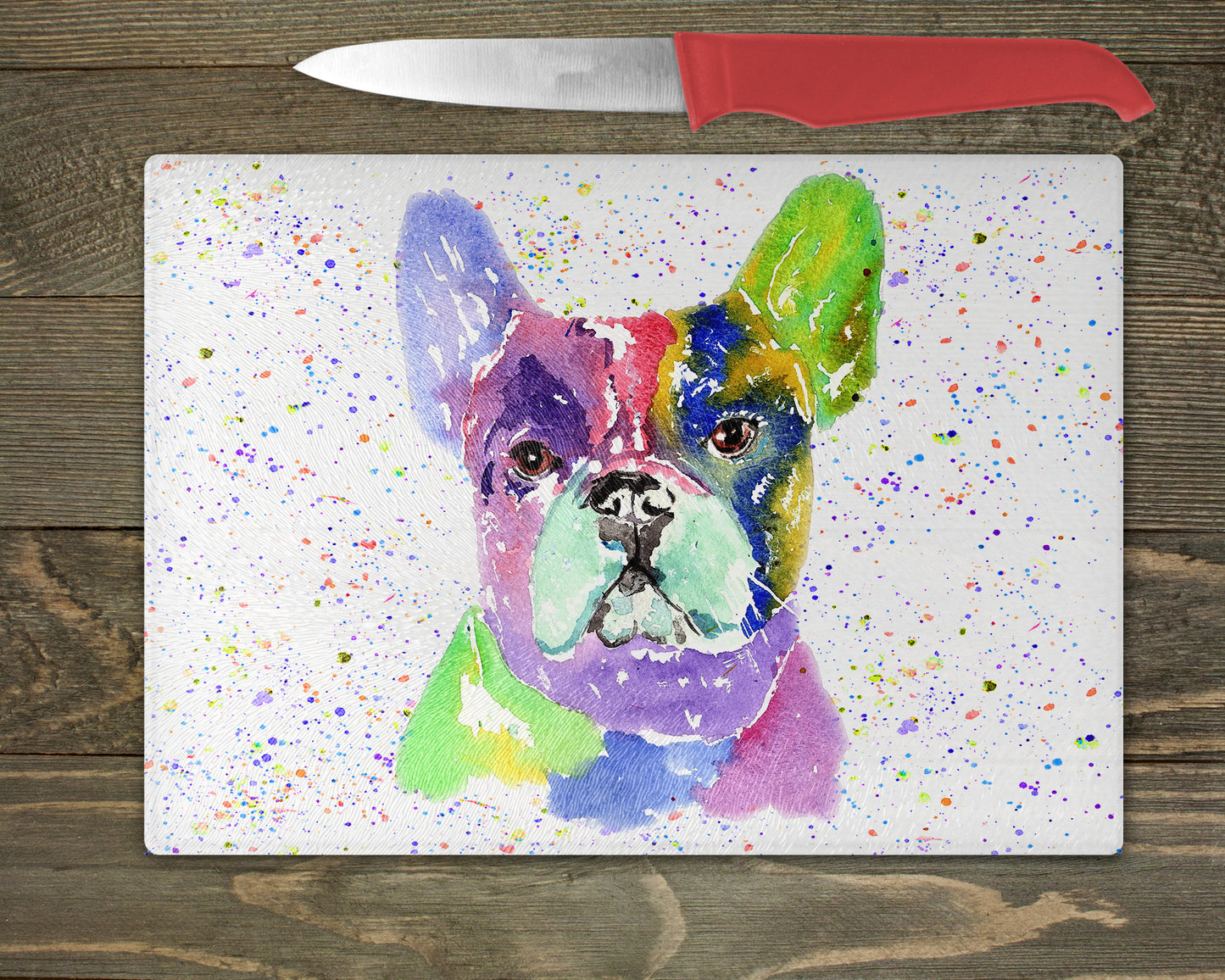 Frenchie, French Bulldog Watercolour Splash Chopping Board - 5 Backgrounds To Choose From