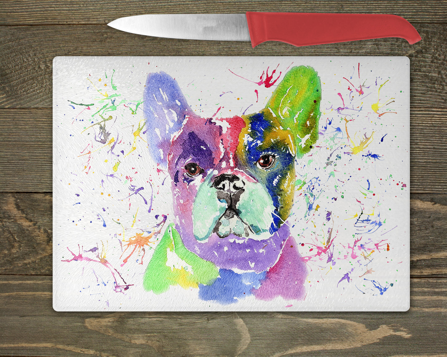 Frenchie, French Bulldog Watercolour Splash Chopping Board - 5 Backgrounds To Choose From