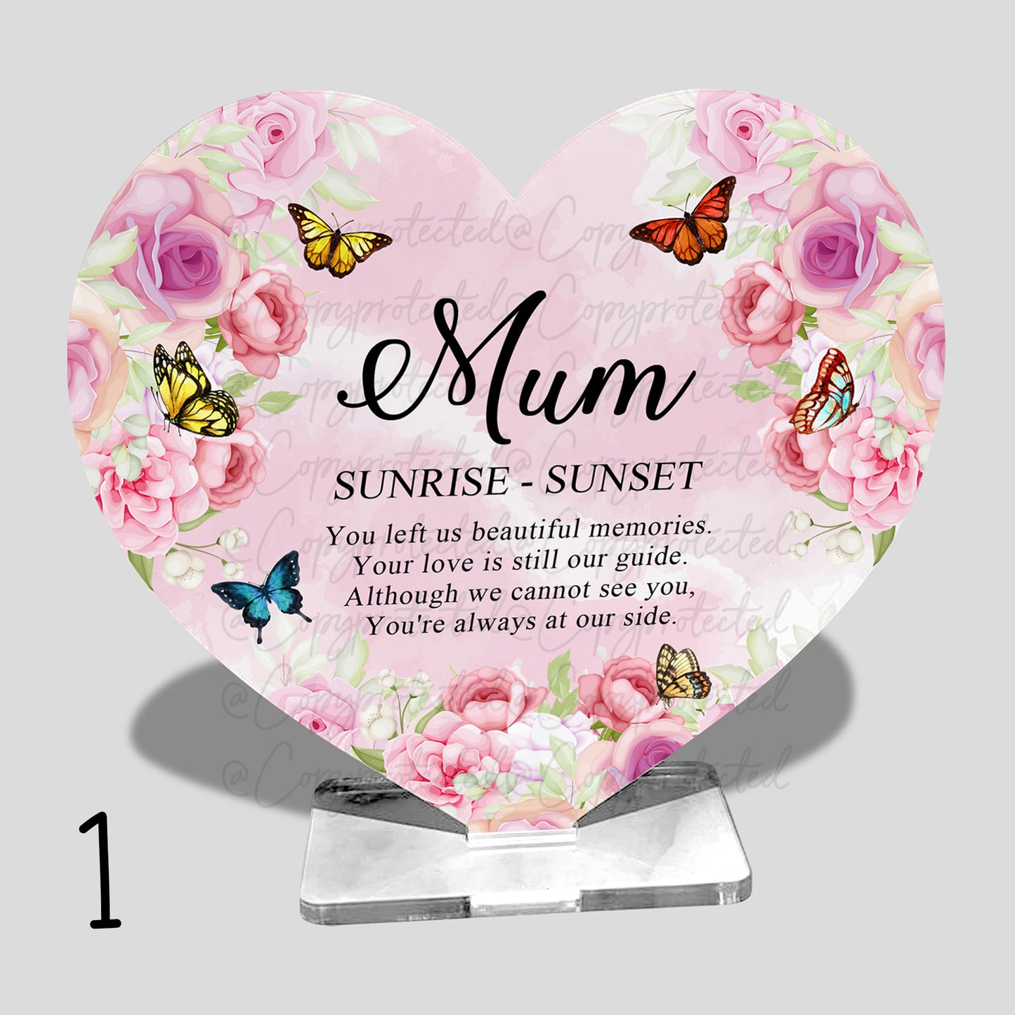 Roses And Butterflies Personalised Memorial Acrylic Freestanding Heart – 4 Designs