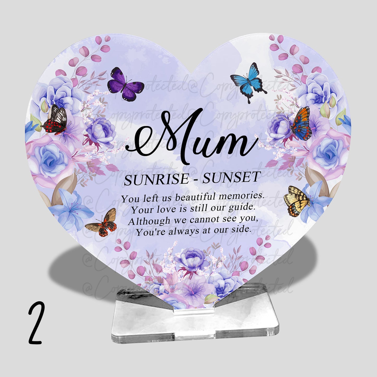 Roses And Butterflies Personalised Memorial Acrylic Freestanding Heart – 4 Designs