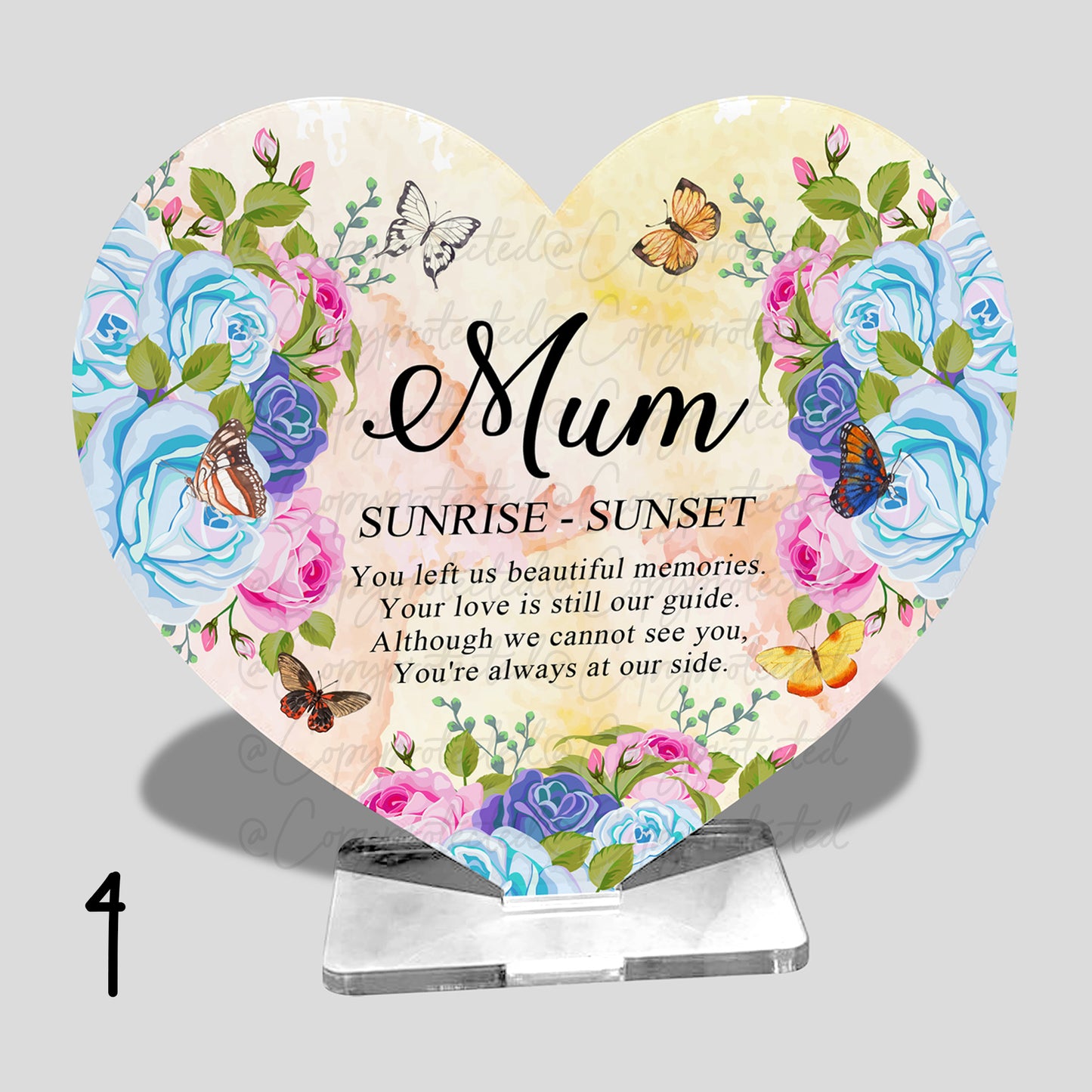 Roses And Butterflies Personalised Memorial Acrylic Freestanding Heart – 4 Designs