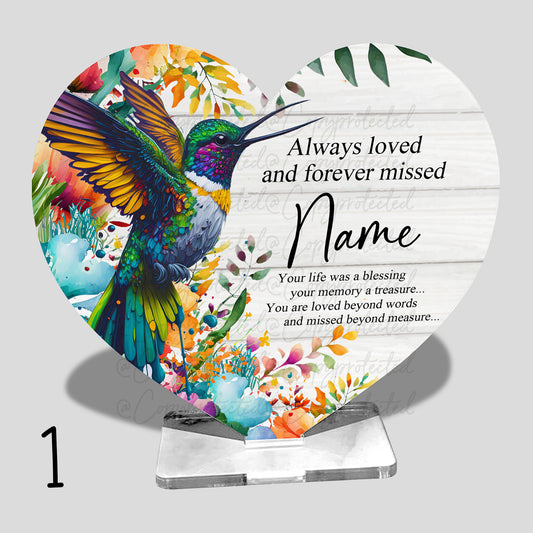 Hummingbird Or Robin Personalised Memorial Acrylic Freestanding Heart – 2 Designs