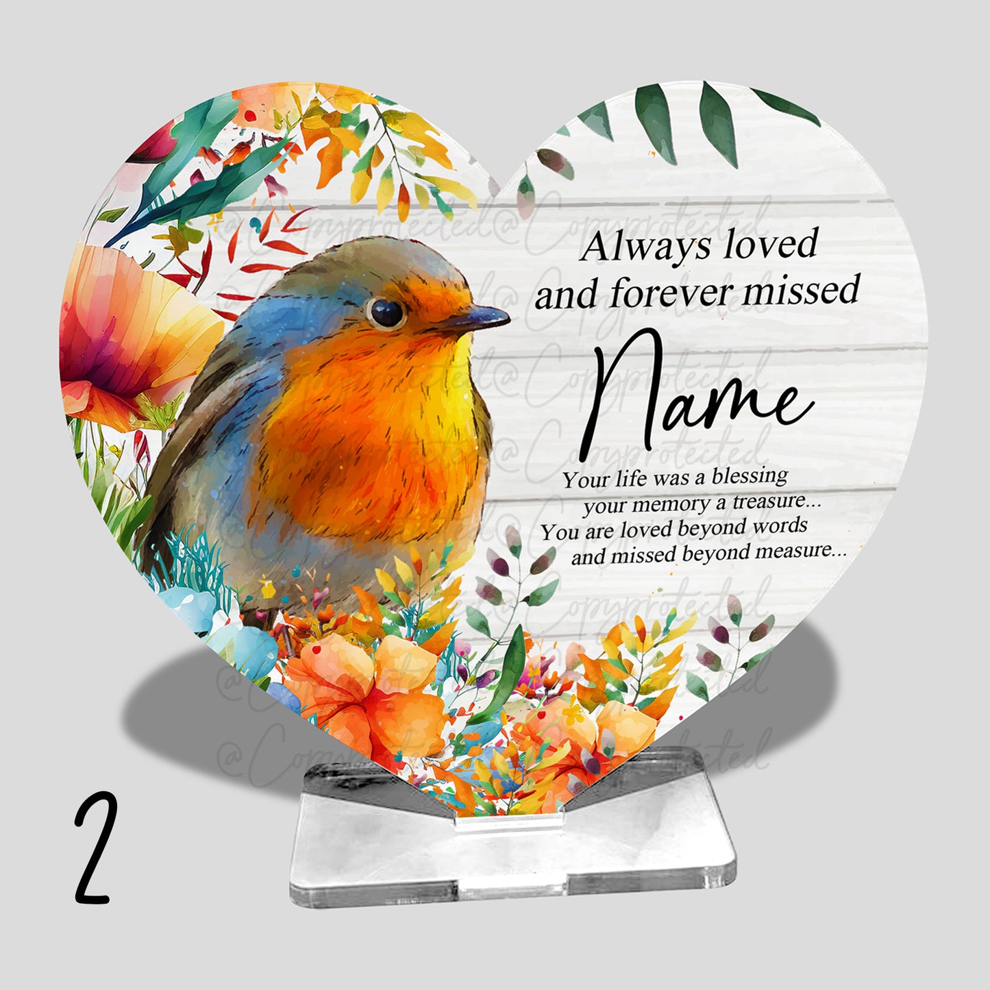 Hummingbird Or Robin Personalised Memorial Acrylic Freestanding Heart – 2 Designs