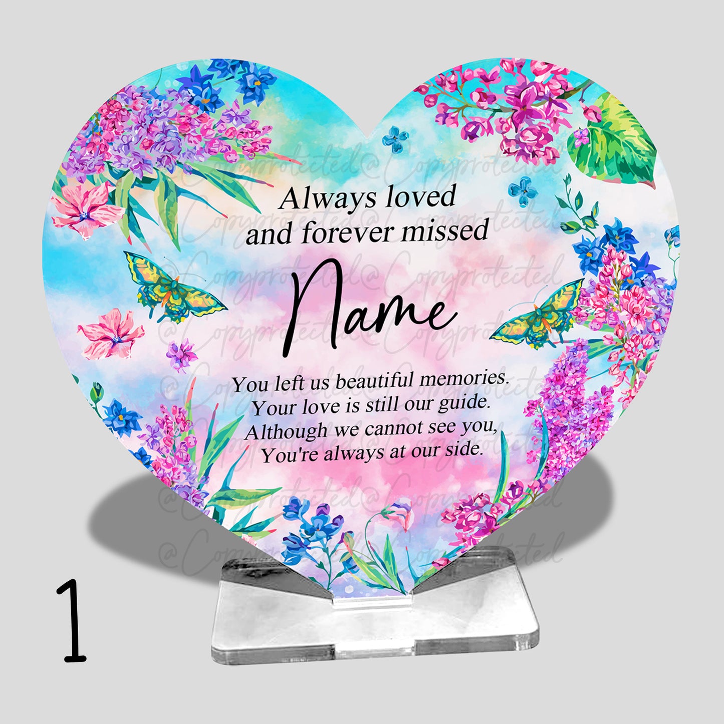 Bright Floral Personalised Memorial Acrylic Freestanding Heart – 4 Designs