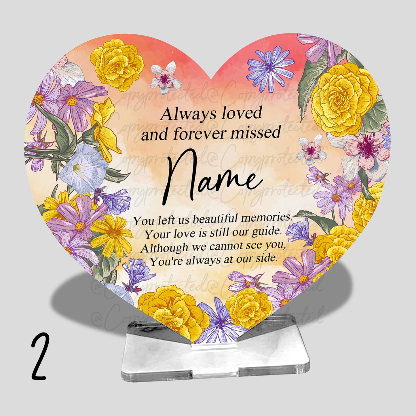 Bright Floral Personalised Memorial Acrylic Freestanding Heart – 4 Designs