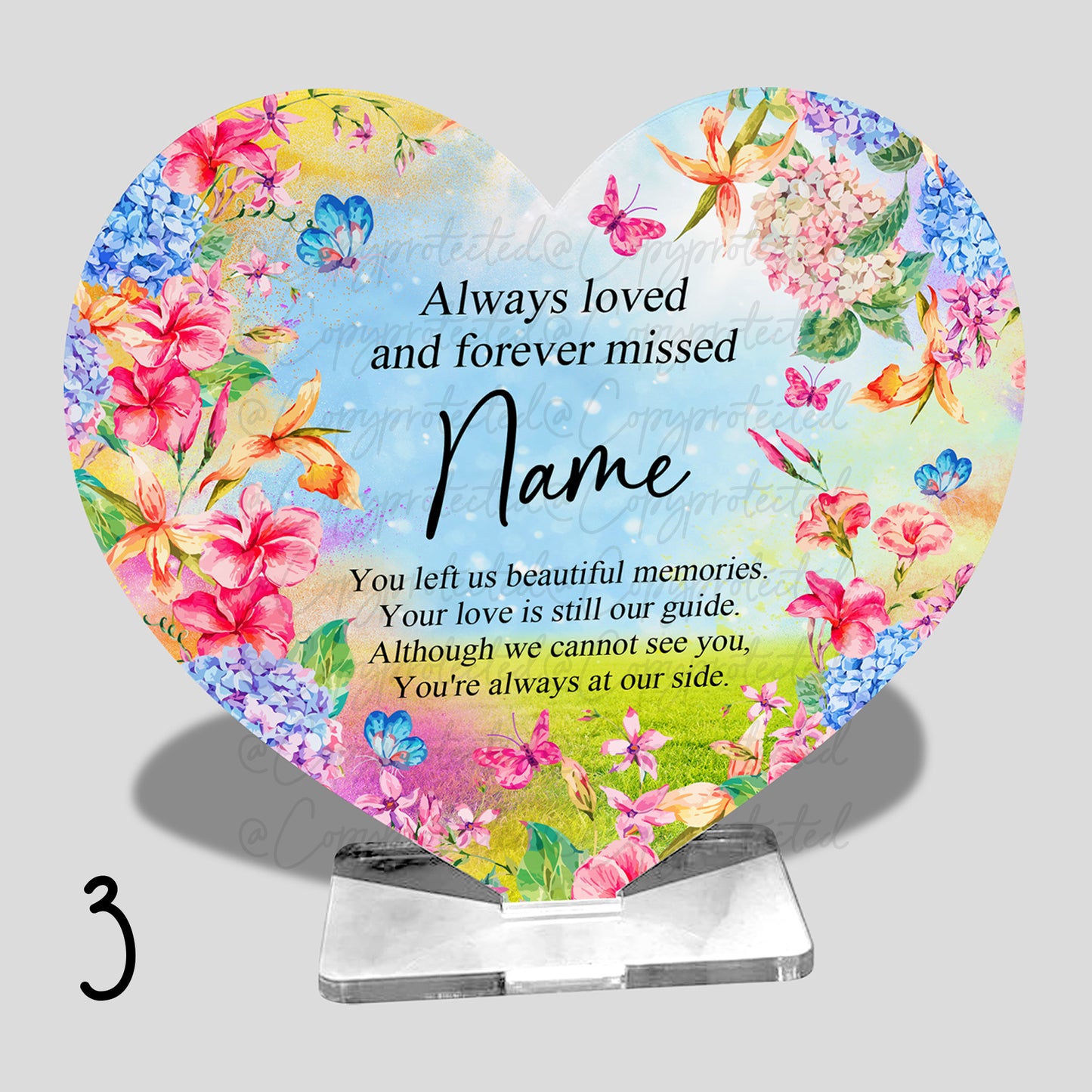 Bright Floral Personalised Memorial Acrylic Freestanding Heart – 4 Designs