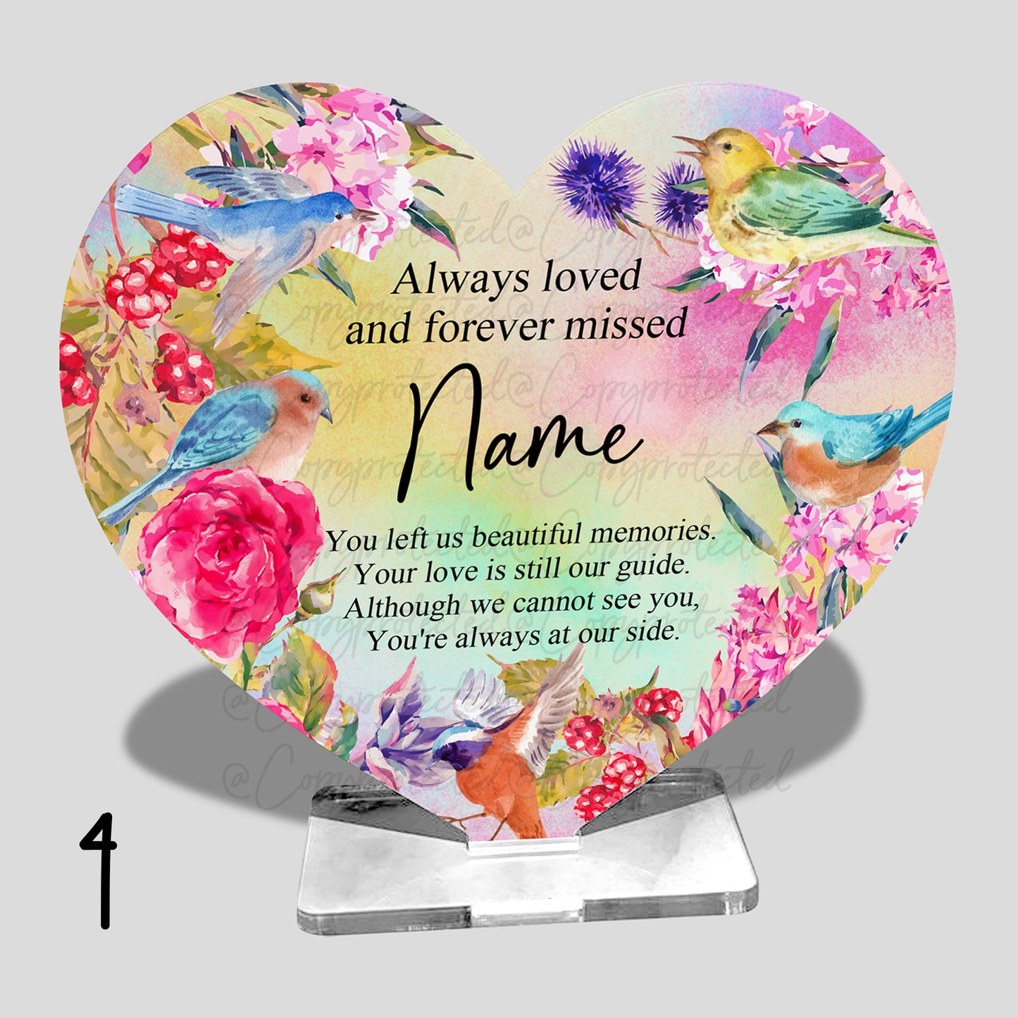 Bright Floral Personalised Memorial Acrylic Freestanding Heart – 4 Designs