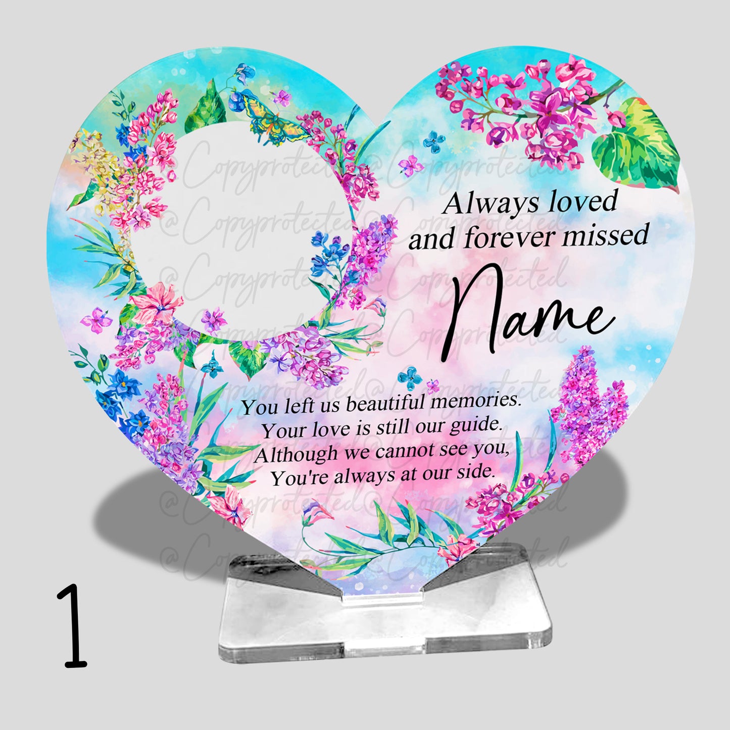 Bright Floral Photo Personalised Memorial Acrylic Freestanding Heart – 4 Designs