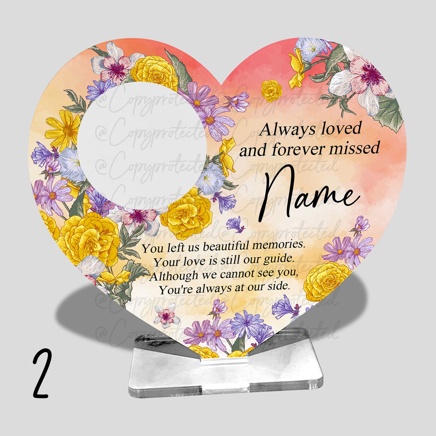 Bright Floral Photo Personalised Memorial Acrylic Freestanding Heart – 4 Designs