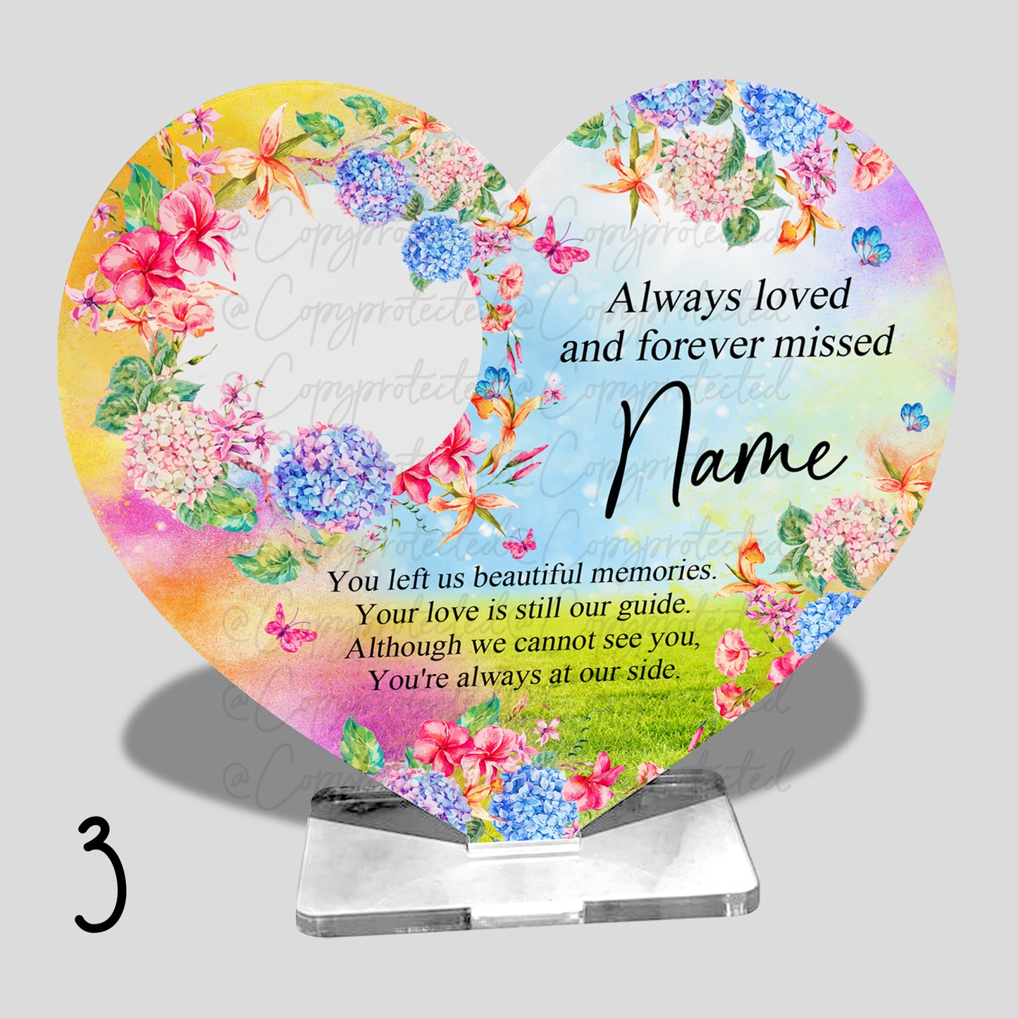 Bright Floral Photo Personalised Memorial Acrylic Freestanding Heart – 4 Designs