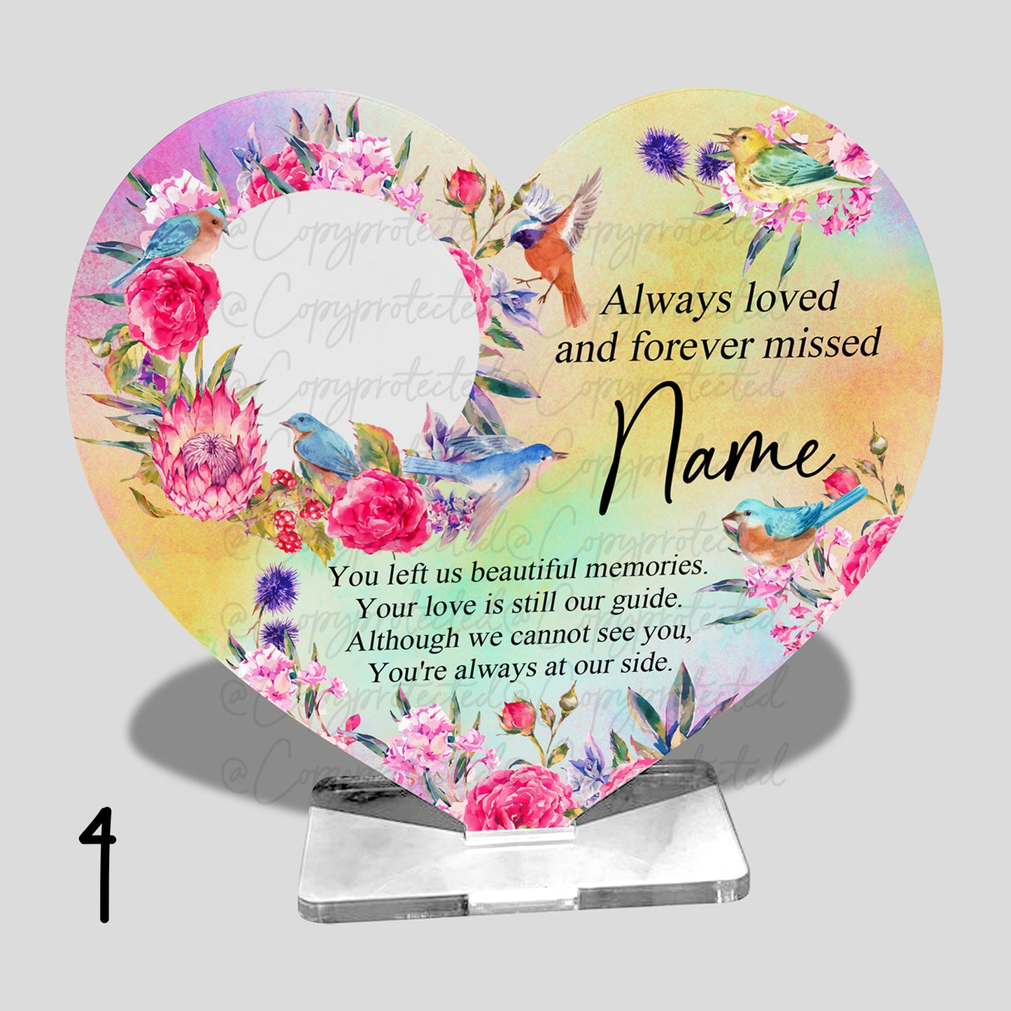 Bright Floral Photo Personalised Memorial Acrylic Freestanding Heart – 4 Designs