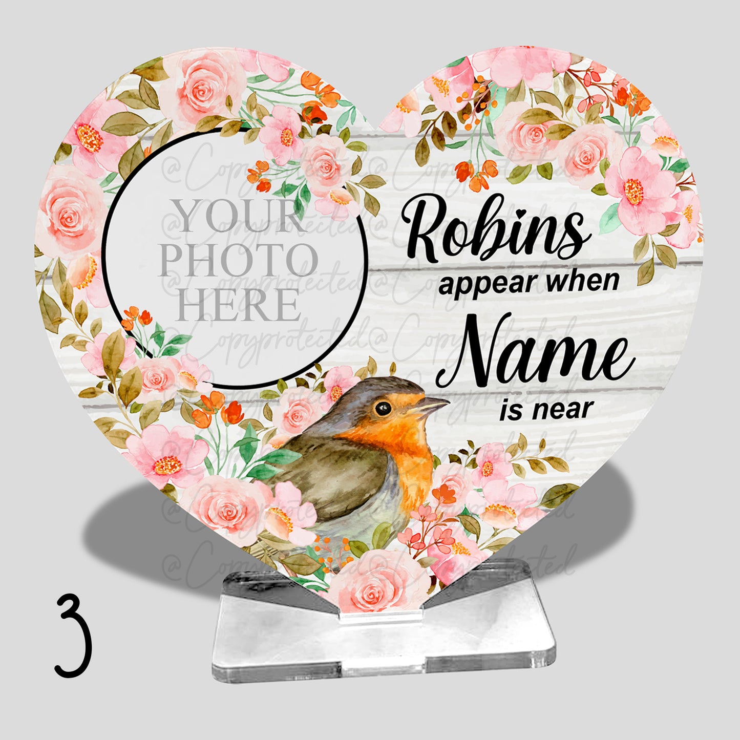 Robins Appear When Photo Personalised Appear Memorial Acrylic Freestanding Heart – 4 Designs