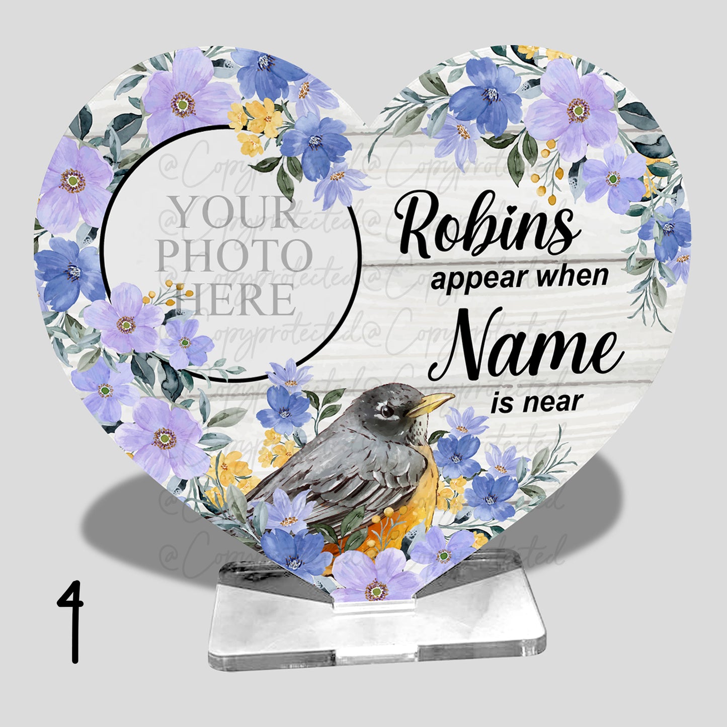 Robins Appear When Photo Personalised Appear Memorial Acrylic Freestanding Heart – 4 Designs