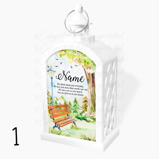 Garden Bench Scene Personalised Memorial LED Candle Lantern - 4 Designs