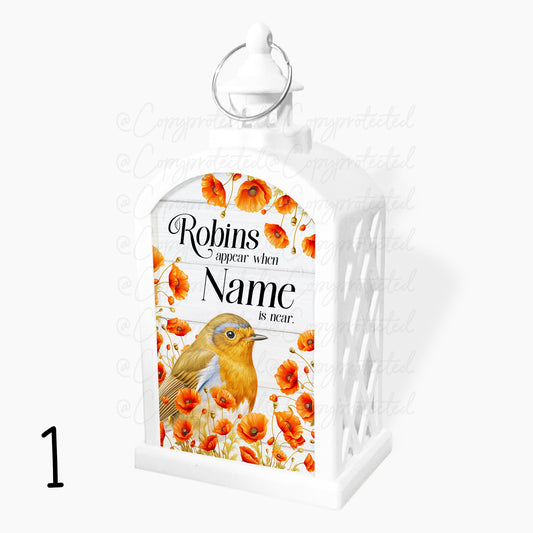 When Robins Appear Personalised Memorial LED Candle Lantern - 4 Designs