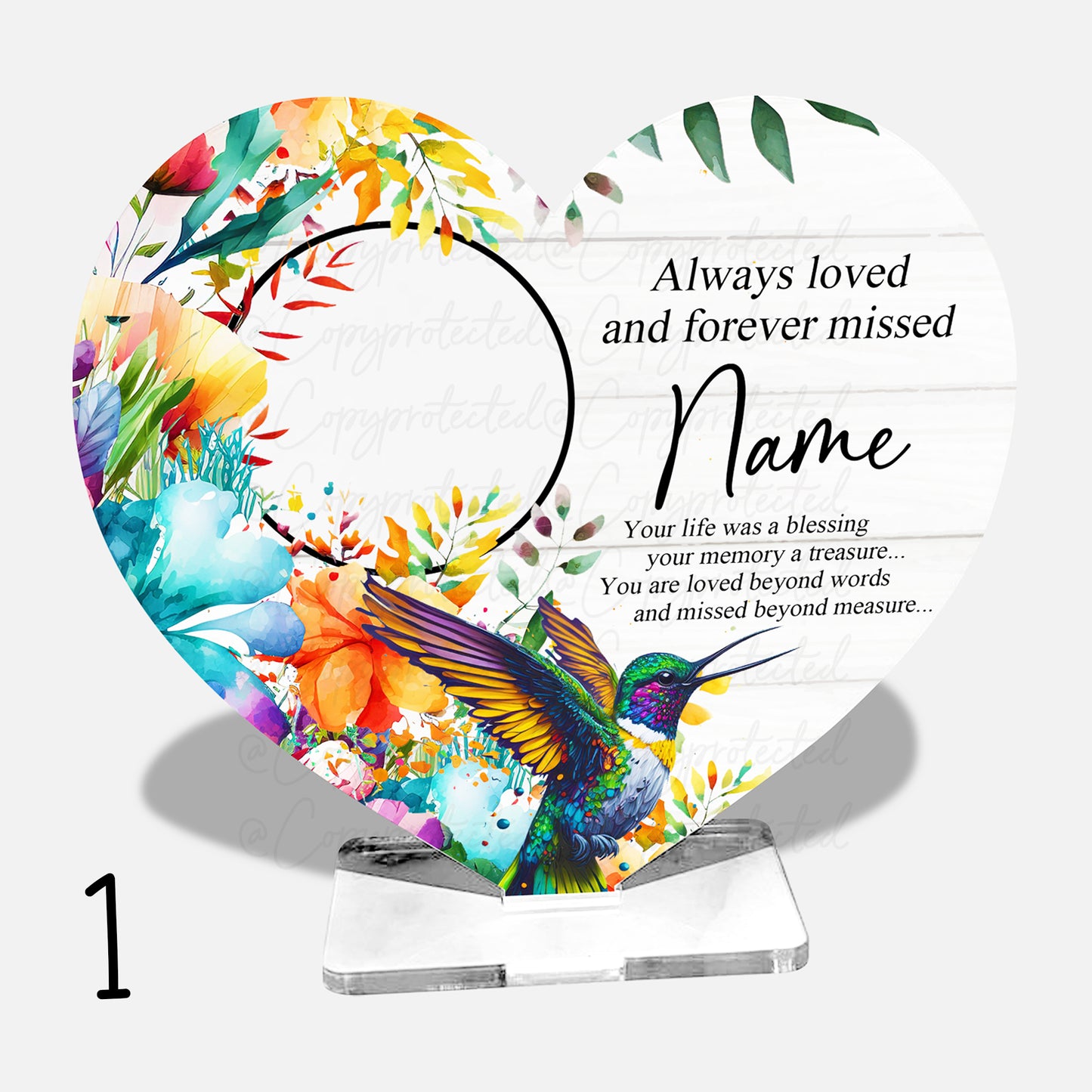 Hummingbird Or Robin Photo Personalised Memorial Acrylic Freestanding Heart – 2 Designs