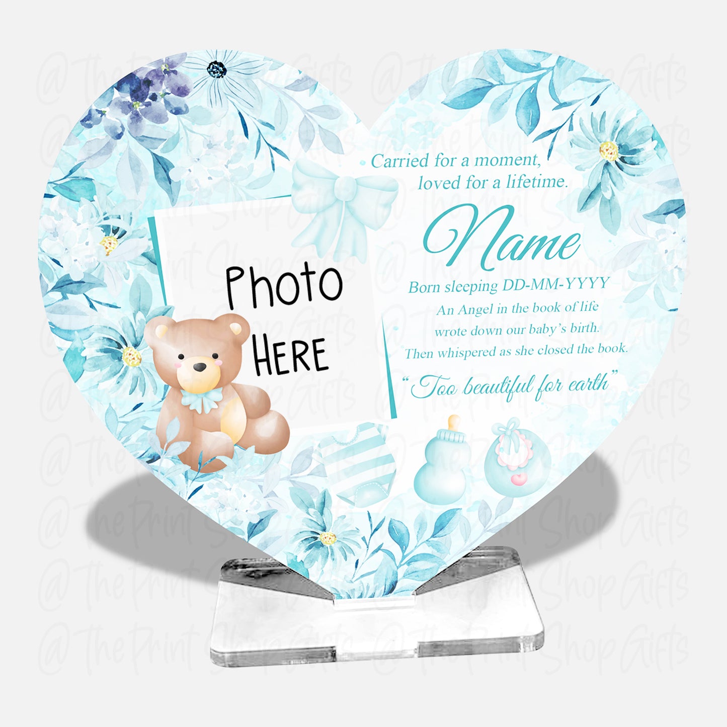 Sleeping Angel Baby Bear Photo Personalised Memorial Acrylic Freestanding Heart – 4 Colours