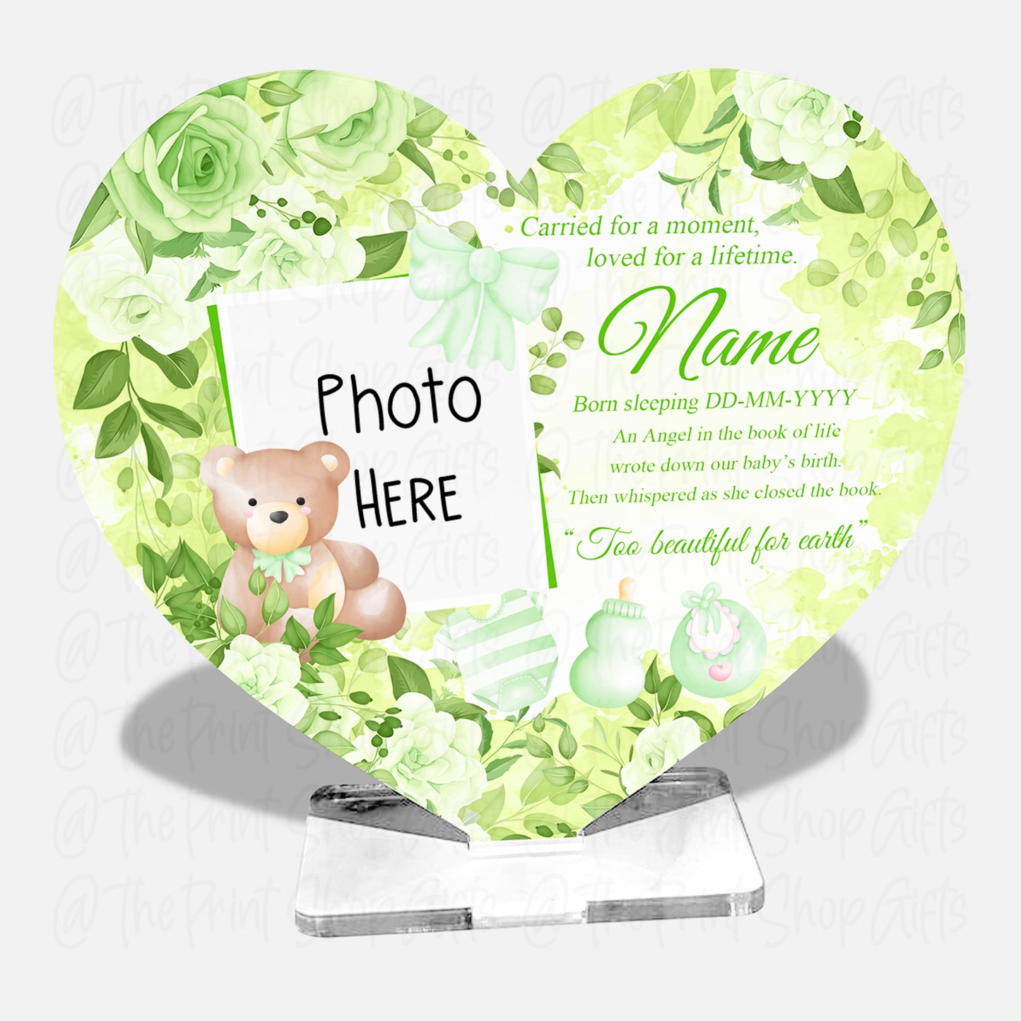 Sleeping Angel Baby Bear Photo Personalised Memorial Acrylic Freestanding Heart – 4 Colours