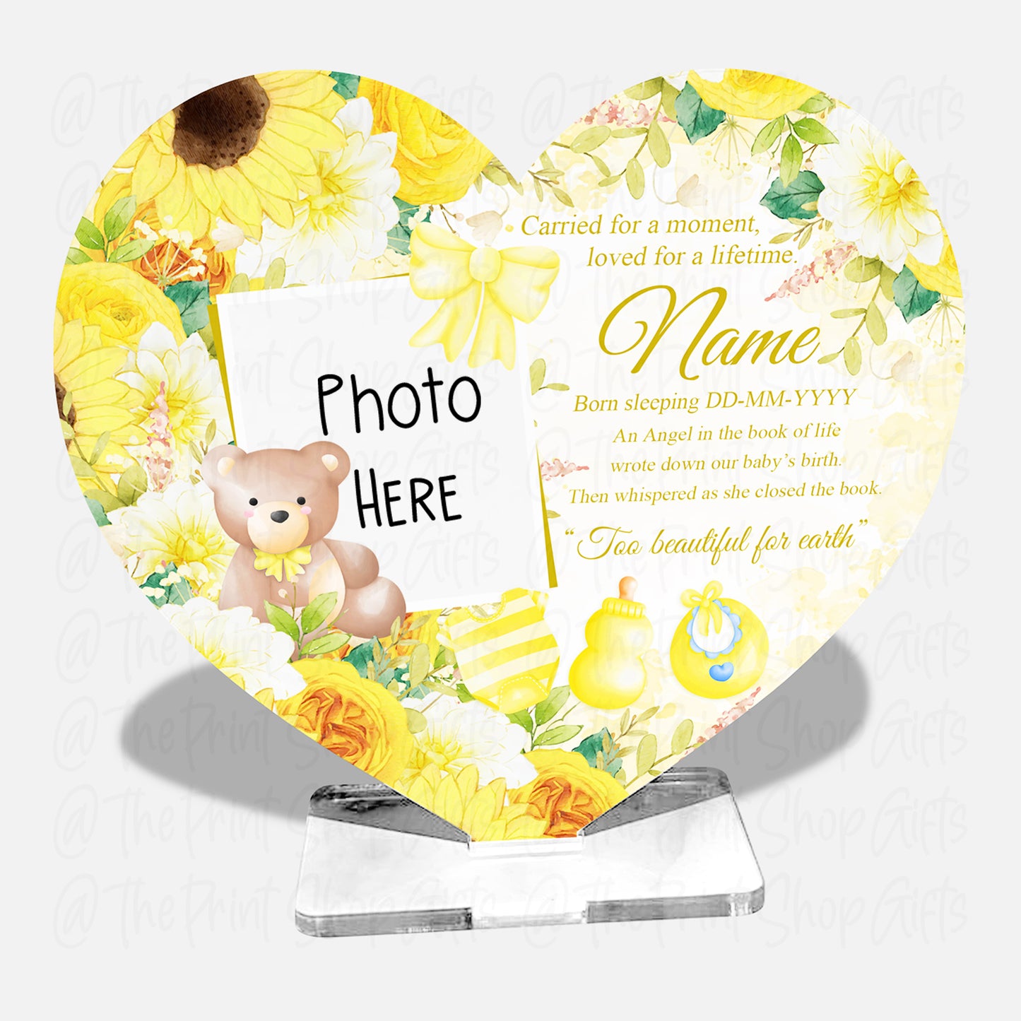 Sleeping Angel Baby Bear Photo Personalised Memorial Acrylic Freestanding Heart – 4 Colours