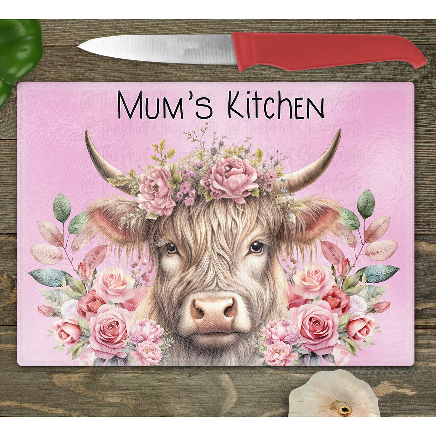 Highland Cow Pink Roses Personalised Glass Chopping Board - 2 Sizes