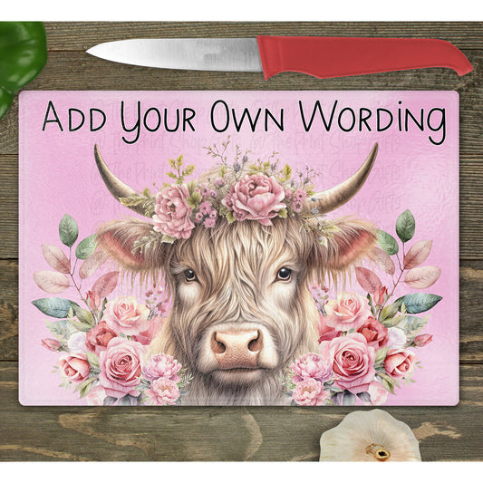 Highland Cow Pink Roses Personalised Glass Chopping Board - 2 Sizes