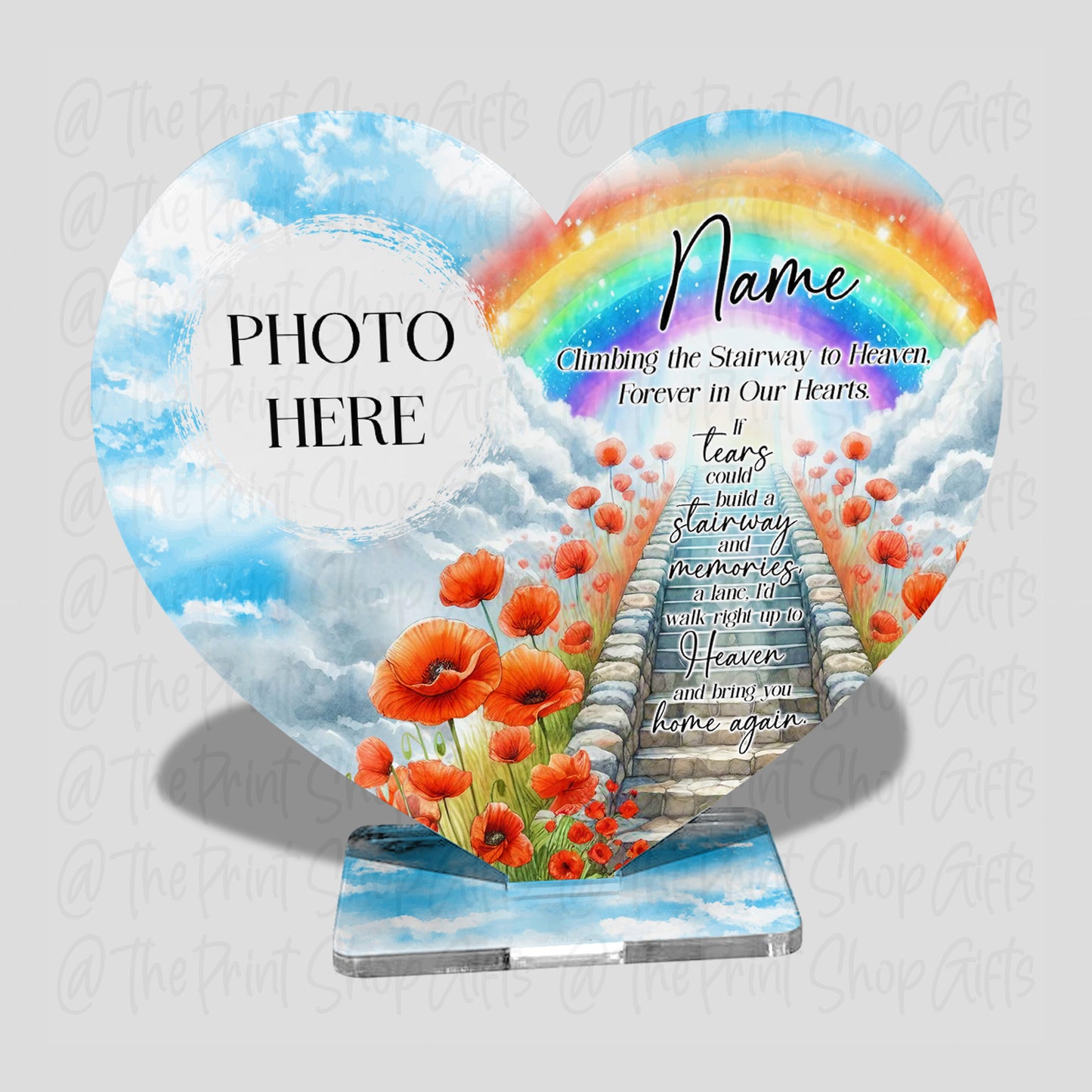 Poppies Personalised Photo Memorial Acrylic Freestanding Heart