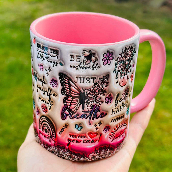 Just Breathe Positive Affirmation 3D puff effect 11oz Mug with Pink Handle and Inner – Smash Proof Box Included