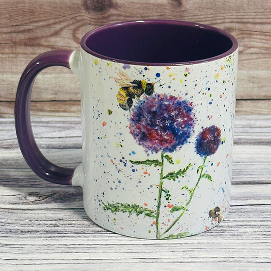 Hand-Drawn Bee on Thistle 11oz Mug with Purple Handle and Inner – Artistic and Unique Design