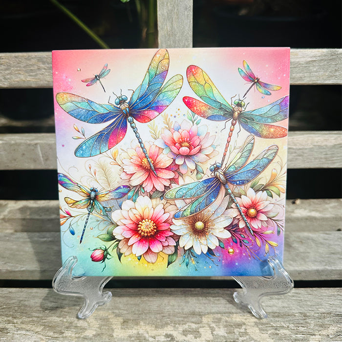 Rainbow Dragonfly and Floral Ceramic Decorative Tile with Stand