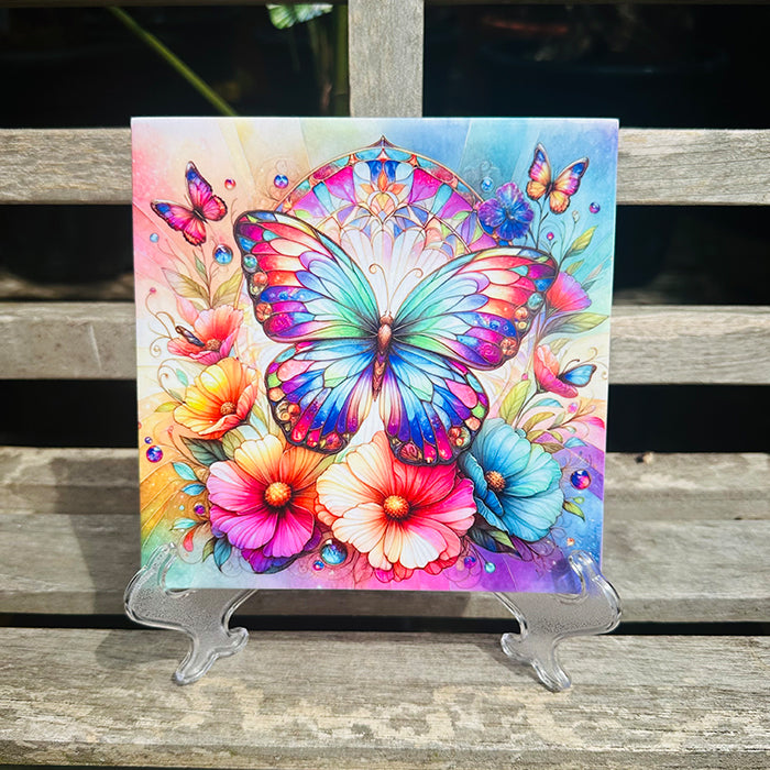 Rainbow Butterfly and Floral Ceramic Decorative Tile with Stand