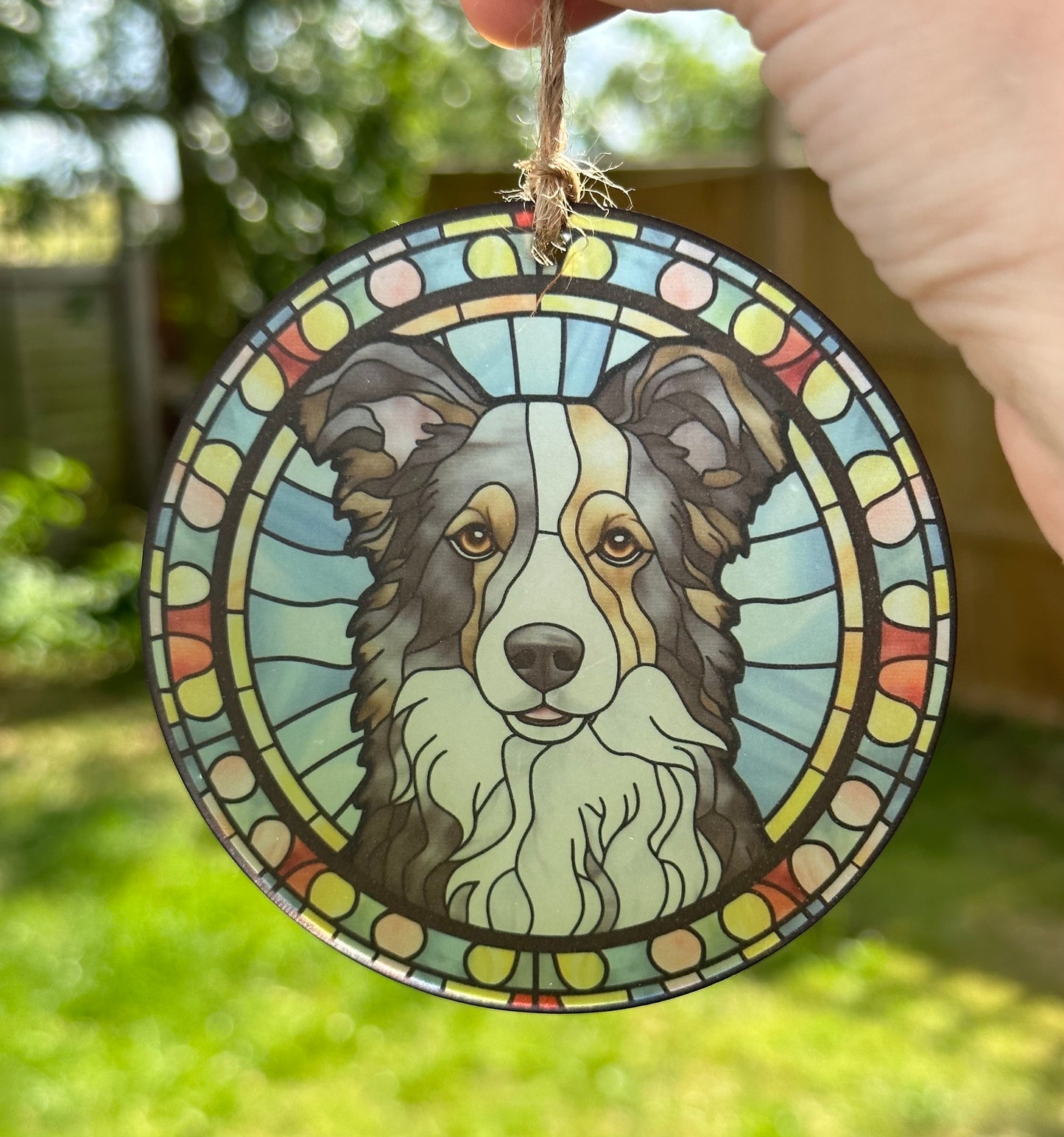 Border Collie Stained Glass Effect Frosted Clear Acrylic Hanging Bauble Plaque - 3 Sizes Available