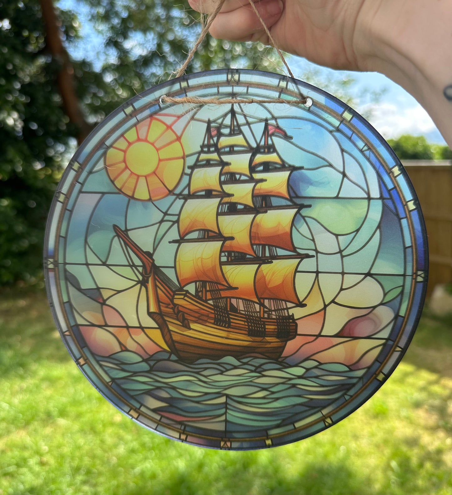 Ship Stained Glass Effect Frosted Clear Acrylic Hanging Bauble Plaque - 3 Sizes Available