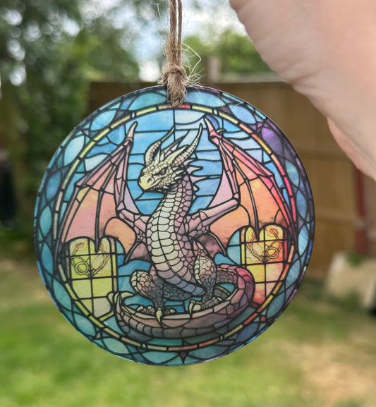 Dragon Stained Glass Effect Frosted Clear Acrylic Hanging Bauble Plaque - 3 Sizes Available