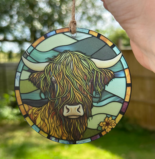 Highland Cow Stained Glass Effect Frosted Clear Acrylic Hanging Bauble Plaque - 3 Sizes Available