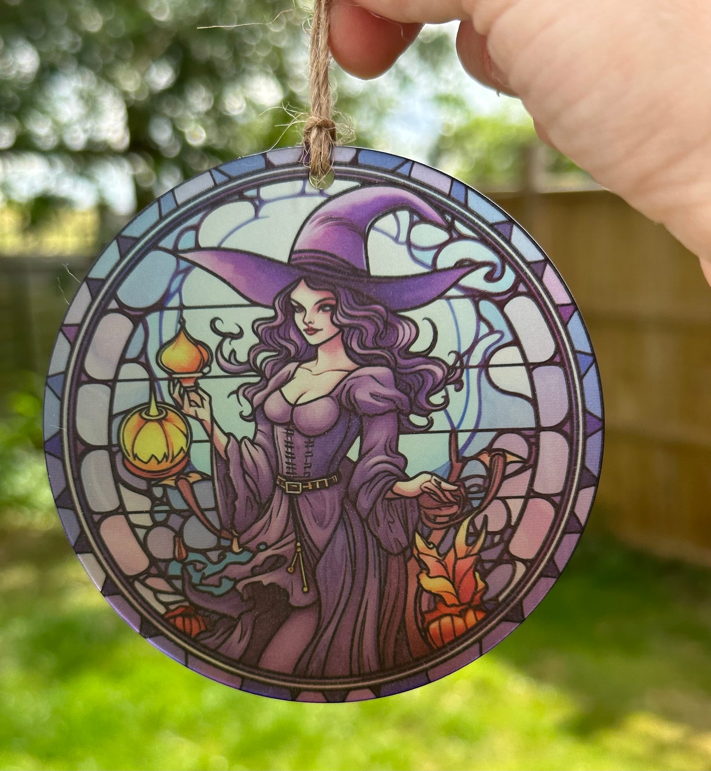 Purple Witch Stained Glass Effect Frosted Clear Acrylic Hanging Bauble Plaque - 3 Sizes Available