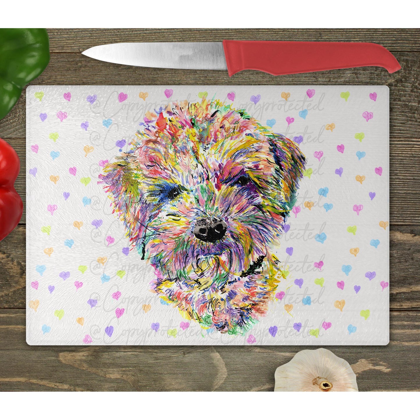 Maltipoo Watercolour Splash Glass Chopping Board – 6 Backgrounds To Choose From