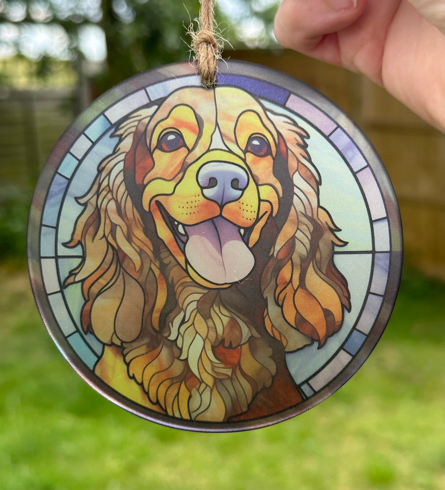 Spaniel Stained Glass Effect Frosted Clear Acrylic Hanging Bauble Plaque - 3 Sizes Available