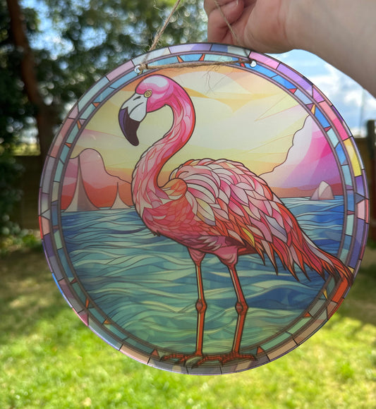 Flamingo Stained Glass Effect Frosted Clear Acrylic Hanging Bauble Plaque - 3 Sizes Available