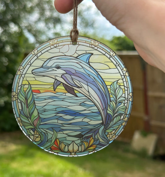 Dolphin Stained Glass Effect Frosted Clear Acrylic Hanging Bauble Plaque - 3 Sizes Available