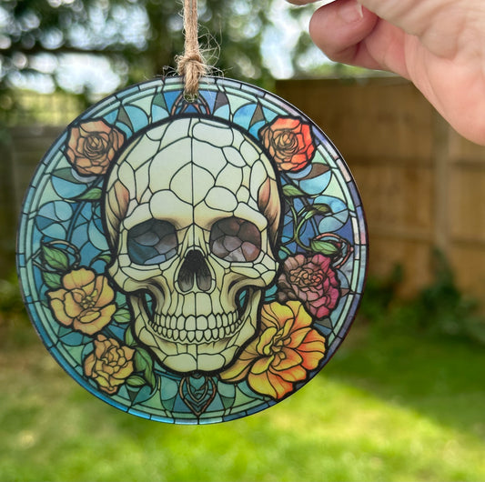 Skull Stained Glass Effect Frosted Clear Acrylic Hanging Bauble Plaque - 3 Sizes Available