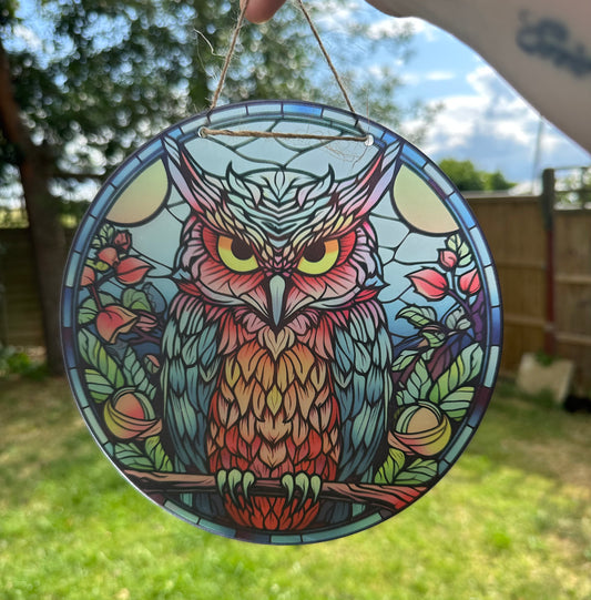 Owl Stained Glass Effect Frosted Clear Acrylic Hanging Bauble Plaque - 3 Sizes Available