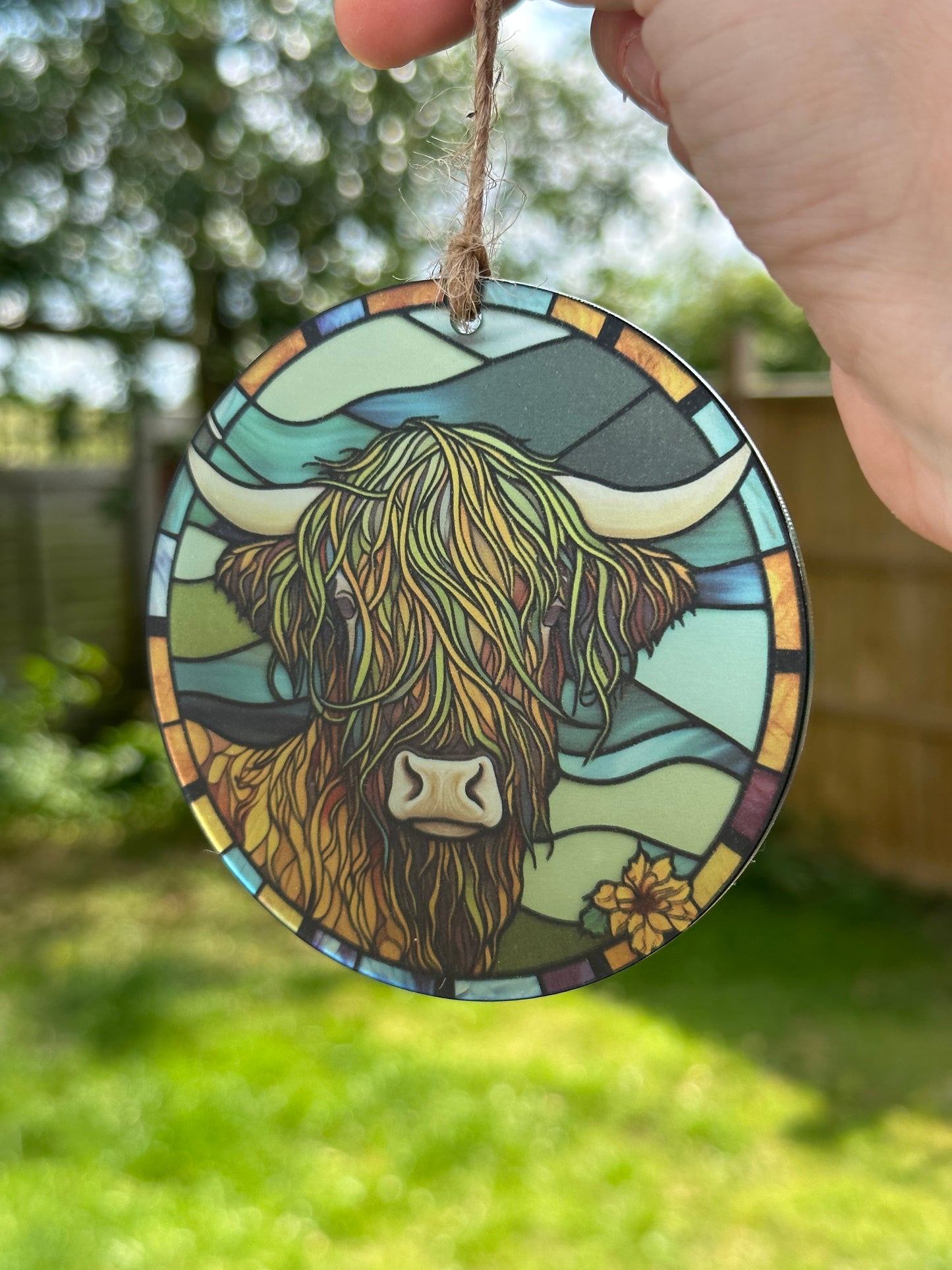 Highland Cow Stained Glass Effect Frosted Clear Acrylic Hanging Bauble Plaque - 3 Sizes Available