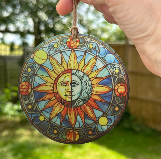 Celestial Sun Stained Glass Effect Frosted Clear Acrylic Hanging Bauble Plaque - 3 Sizes Available