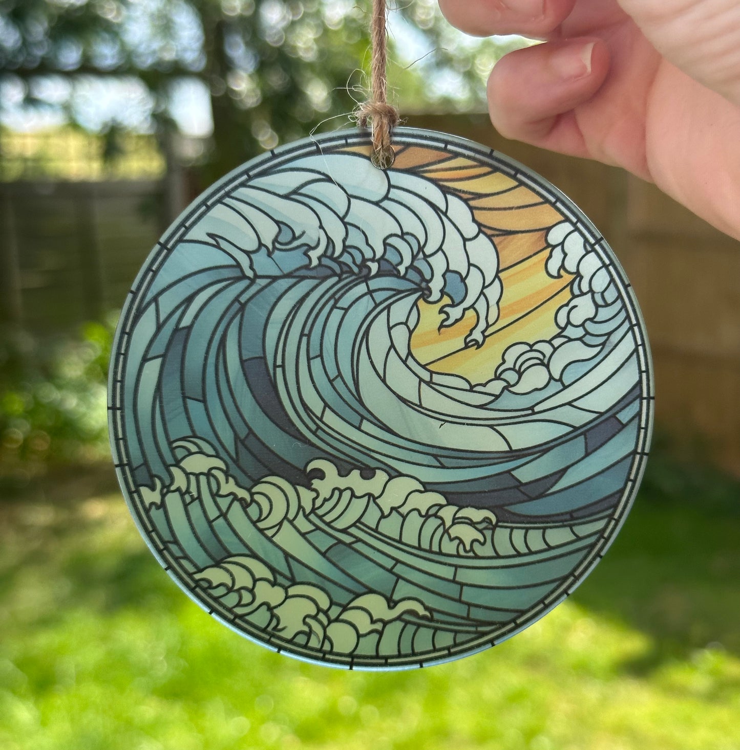 Sea Waves Stained Glass Effect Frosted Clear Acrylic Hanging Bauble Plaque - 3 Sizes Available