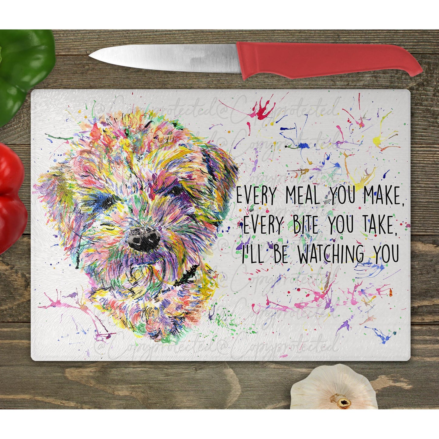 Maltipoo Watercolour Splash Glass Chopping Board – 6 Backgrounds To Choose From