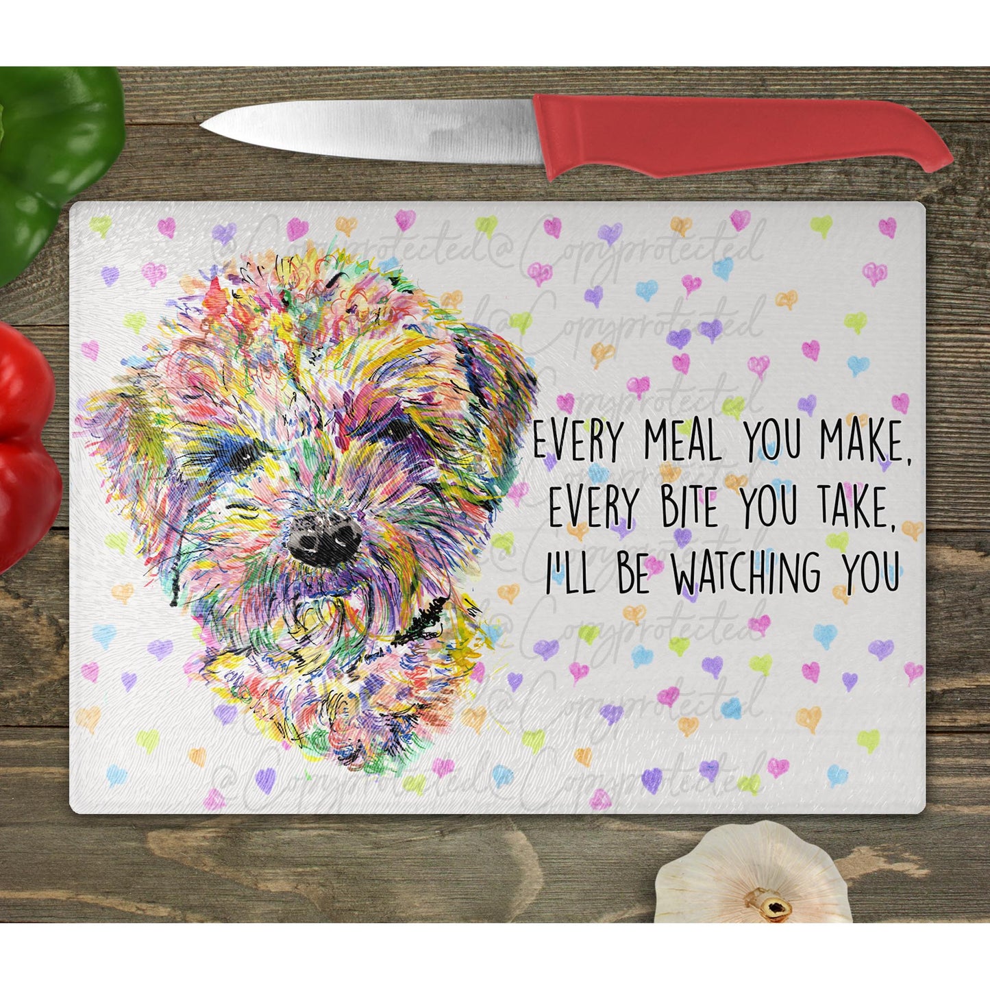 Maltipoo Watercolour Splash Glass Chopping Board – 6 Backgrounds To Choose From